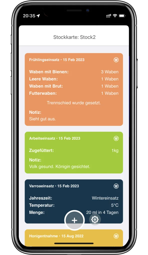Digitale Stockkarte mit Einträgen zu Waben, Fütterung und Notizen