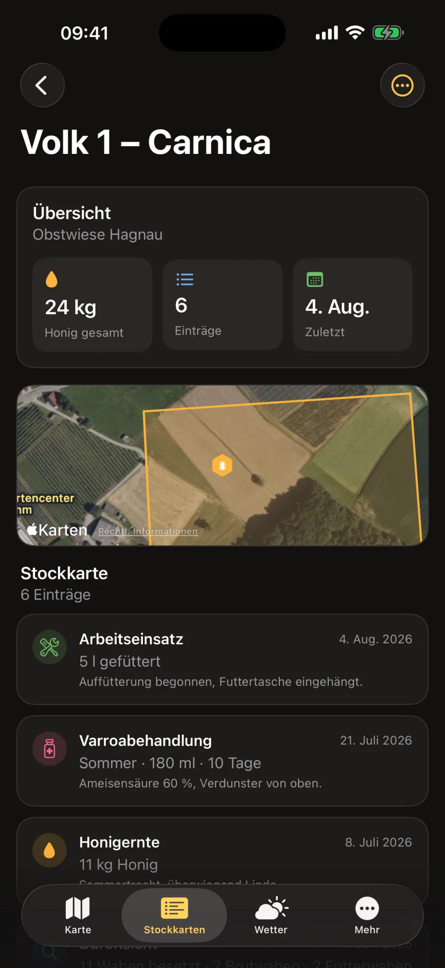Dieselbe Stockkarte im Dunkelmodus, mit hellem Text auf dunklem Grund