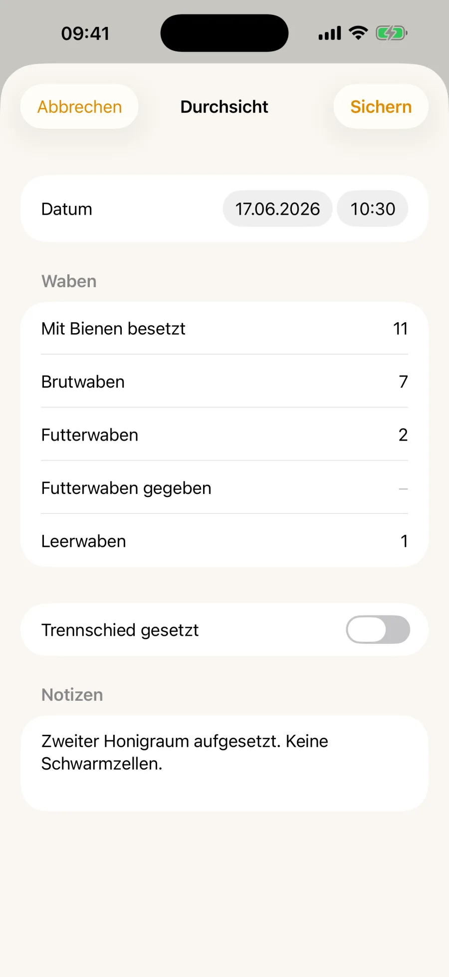 Formular für eine Durchsicht: besetzte Waben, Brutwaben, Futterwaben, Leerwaben, Schalter für das Trennschied und ein Notizfeld