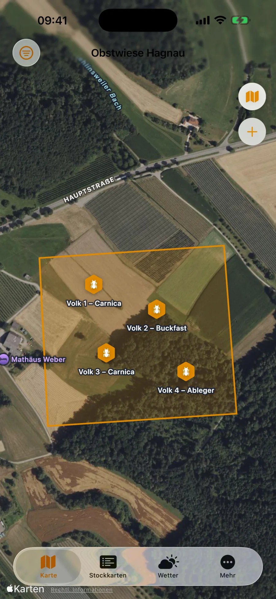 BeeMap zeigt den Bienenstand „Obstwiese Hagnau“ auf der Luftbildkarte, darin vier Völker als Wabensymbole mit ihren Namen