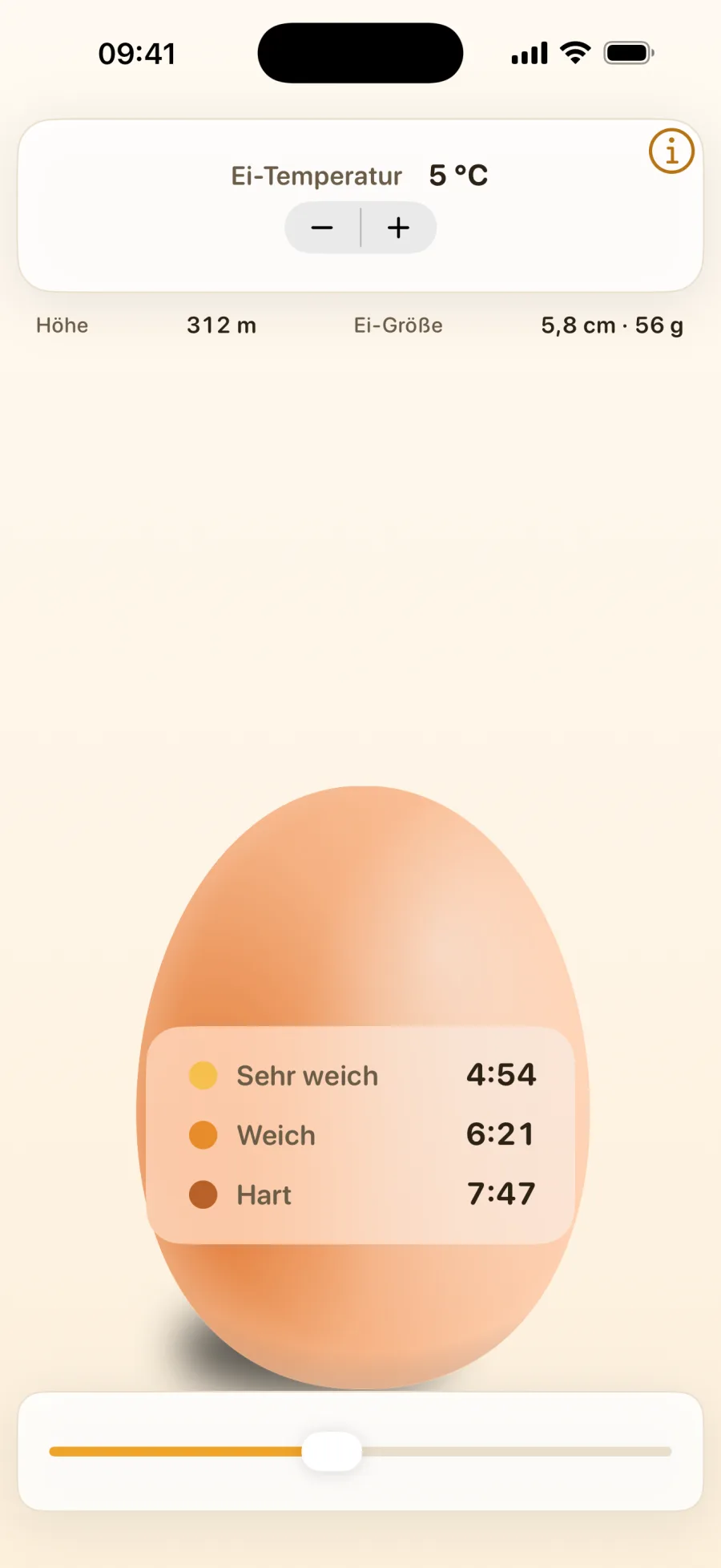 Der Ei-Rechner zeigt ein Ei in Originalgröße und darauf die Kochzeiten 4:54 für sehr weich, 6:21 für weich und 7:47 für hart
