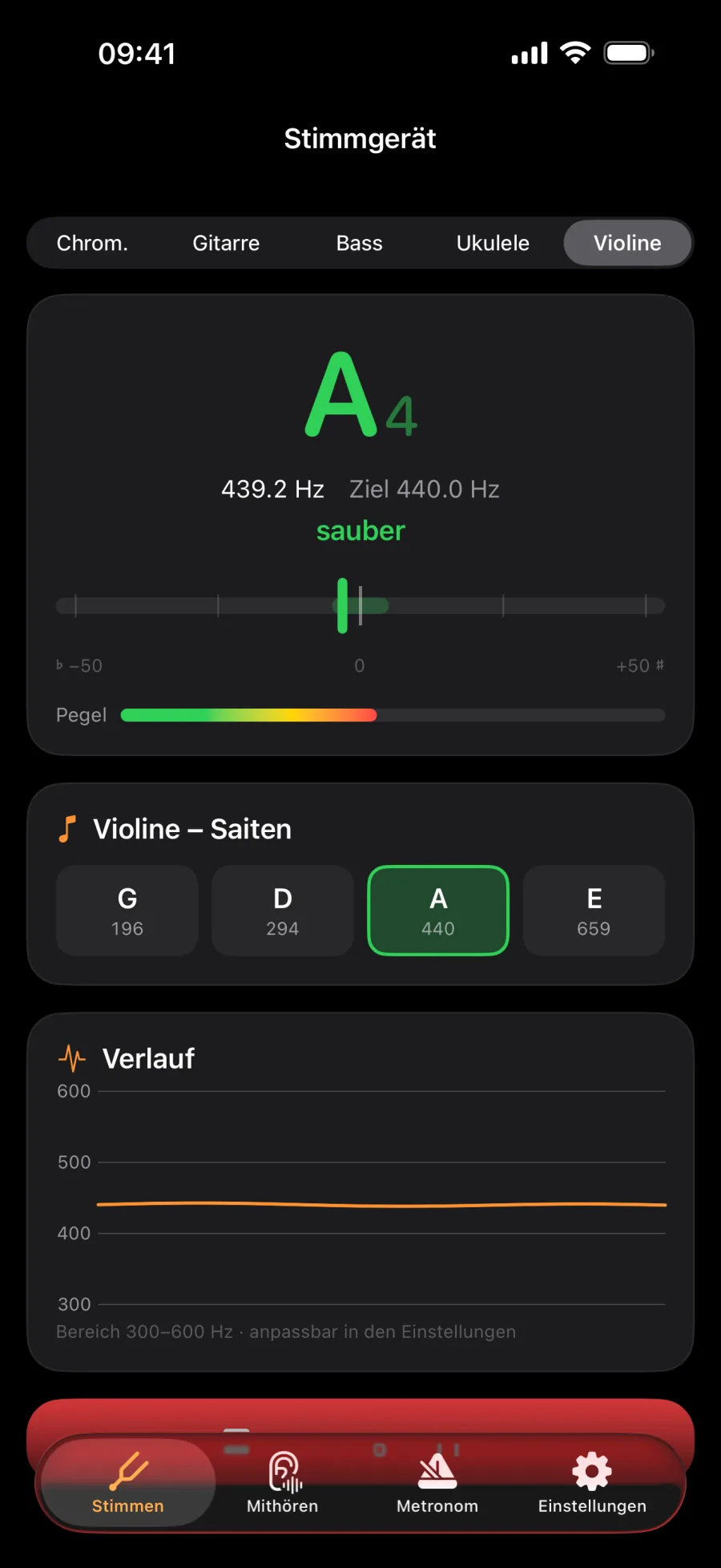 Das Stimmgerät im Dunkelmodus mit den Violinsaiten G, D, A und E, die A-Saite trifft mit 439,2 Hertz sauber