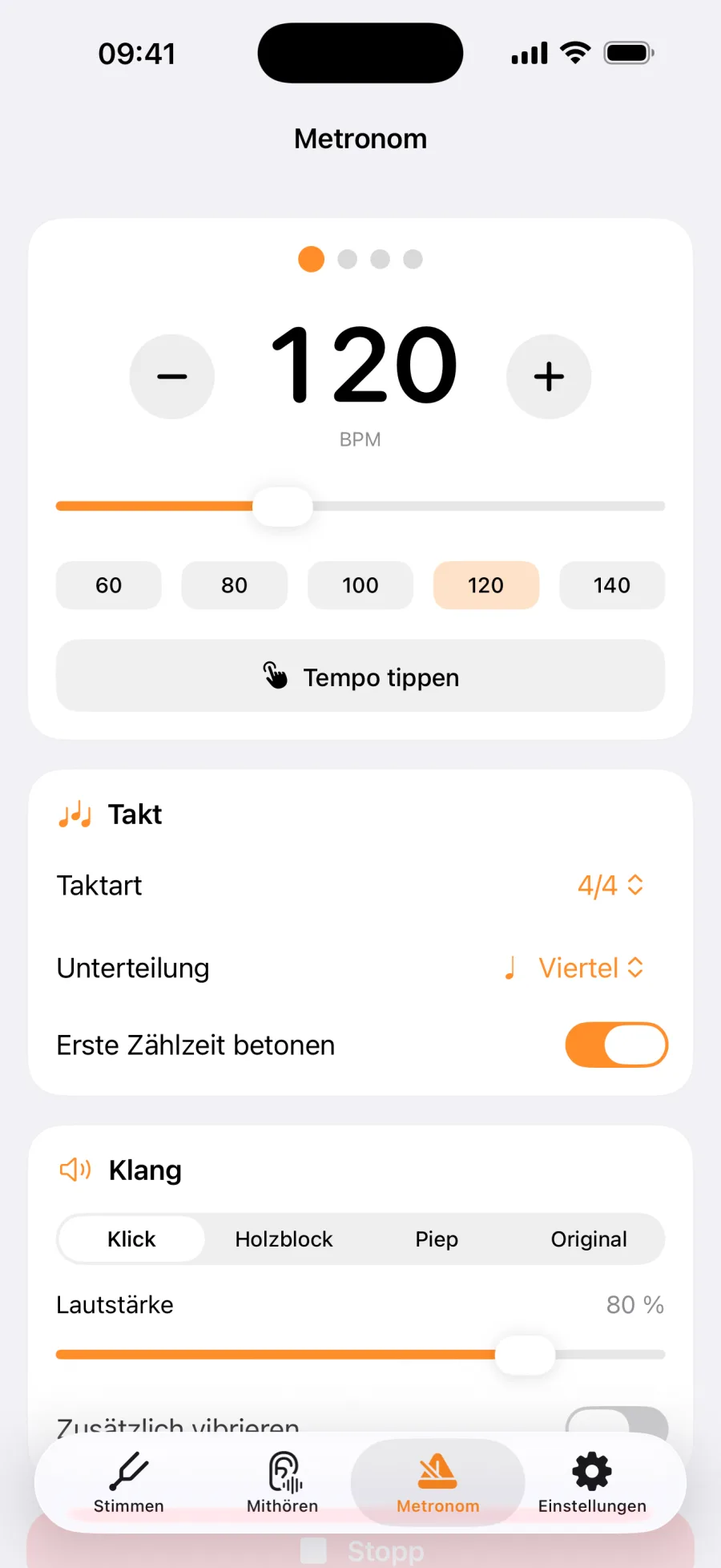 Metronom bei 120 BPM mit Schrittzähler, Voreinstellungen von 60 bis 140, Taktart 4/4, Unterteilung Viertel und der Auswahl des Klangs