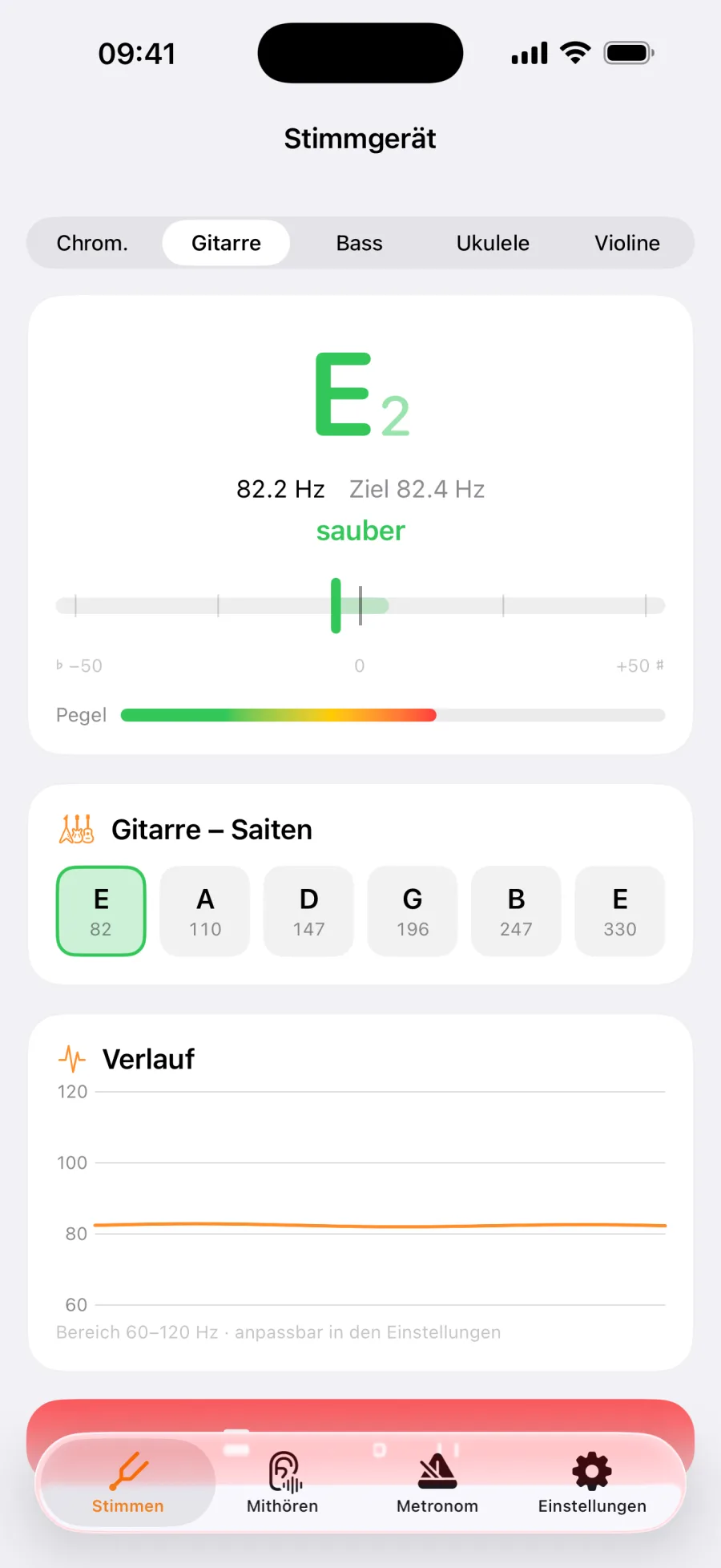 Stimmgerät im Gitarrenmodus: E2 mit 82,2 Hertz gilt als sauber, darunter die sechs Saiten E, A, D, G, B und E mit ihren Zielfrequenzen