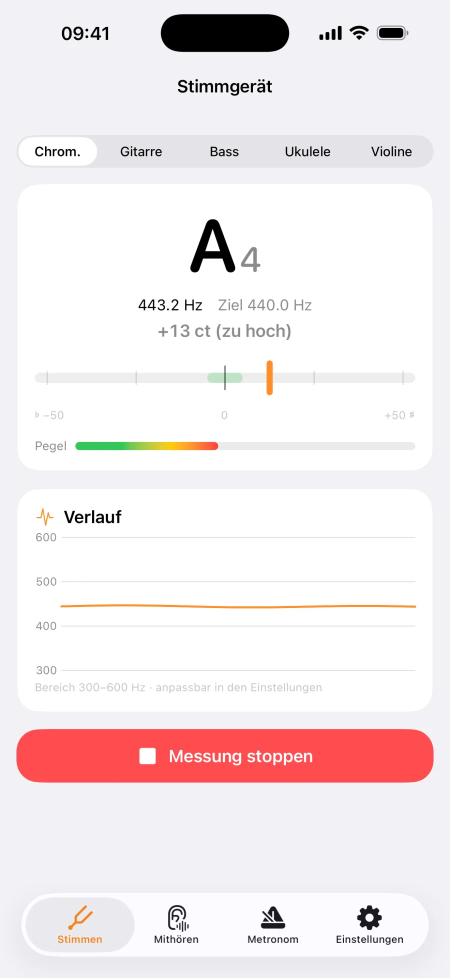 Das Stimmgerät zeigt den Ton A4 mit 443,2 Hertz, Ziel 440 Hertz und +13 Cent zu hoch, darunter eine Verlaufskurve der gemessenen Tonhöhe